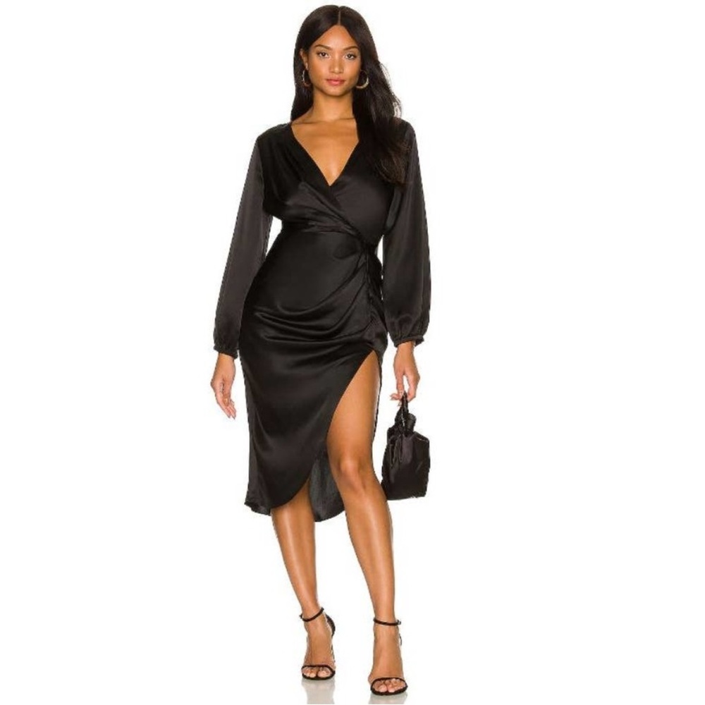 Amanda Uprichard Silk Roma Long Sleeve Satin Faux Wrap Midi Dress Size Small